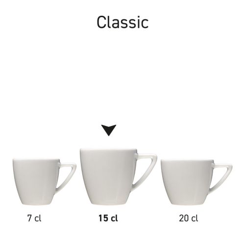 Übersicht über mehrere weiße Classic Coffee Tassen, die in einer Reihe präsentiert werden. Übersicht über mehrere weiße Classic Coffee Tassen, die in einer Reihe präsentiert werden.