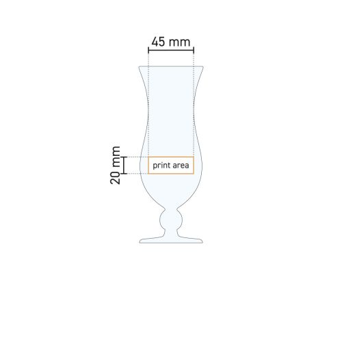 Technische Arbeitszeichnung mit Angabe der Druckfläche auf Cocktailglas Blue Hawai 44 cl. Glas. Technische Arbeitszeichnung mit Angabe der Druckfläche auf Cocktailglas Blue Hawai 44 cl. Glas.