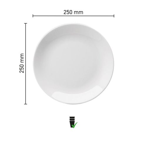 Infografik von Hotel coupe board weißes Porzellan 25 cm mit genauen Abmessungen.