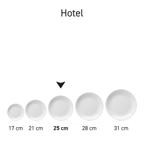 Serie von Hoteltellern aus weißem Porzellan, präsentiert als passende Geschirrserie.