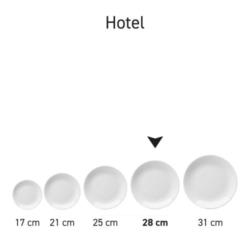 Serie von Hotel-Coupé-Tellern aus weißem Porzellan, die als Teil einer Geschirrserie präsentiert werden.