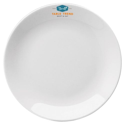 Coupe Teller weißes Porzellan Hotel 31 cm mit bunten TableTrend Logo auf der Oberfläche gedruckt. Coupe Teller weißes Porzellan Hotel 31 cm mit bunten TableTrend Logo auf der Oberfläche gedruckt.