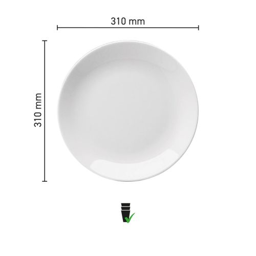 Veranschaulichung der Abmessungen der Hotel-Coupé-Tafel weiß 31 cm Porzellan in einer Infografik. Veranschaulichung der Abmessungen der Hotel-Coupé-Tafel weiß 31 cm Porzellan in einer Infografik.