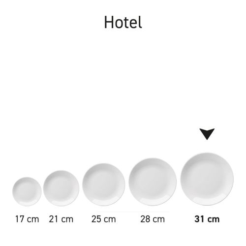Übersicht über mehrere weiße Hotel-Coupé-Teller aus Porzellan in einer kompletten Geschirrserie. Übersicht über mehrere weiße Hotel-Coupé-Teller aus Porzellan in einer kompletten Geschirrserie.