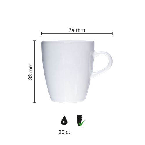 Die Infografik zeigt die technischen Abmessungen des Cynthia Tasse Weiß 20 cl. in Millimetern.