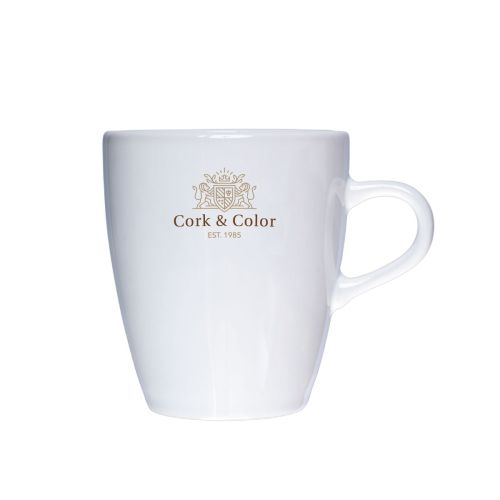 Vorderansicht des Cynthia Tasse Weiß 20 cl. bedruckt mit buntem CorkColor Logo auf Porzellan. Vorderansicht des Cynthia Tasse Weiß 20 cl. bedruckt mit buntem CorkColor Logo auf Porzellan.