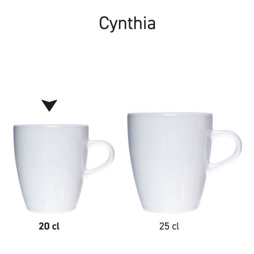 Serie von Cynthia Tasse Weiß 20 und 25 cl aus Porzellan, präsentiert als einheitliche Produktpalette. Serie von Cynthia Tasse Weiß 20 und 25 cl aus Porzellan, präsentiert als einheitliche Produktpalette.
