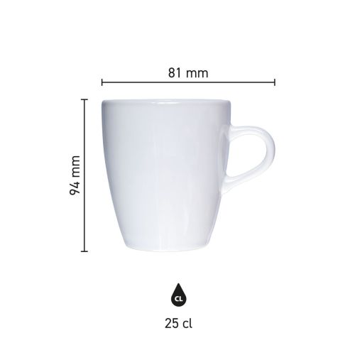Die Infografik zeigt die Produktabmessungen des Cynthia Bechers weiß 25 cl Porzellan in Millimetern. Die Infografik zeigt die Produktabmessungen des Cynthia Bechers weiß 25 cl Porzellan in Millimetern.
