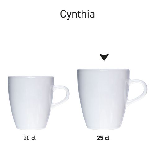 Serie weißer Cynthia-Becher von 20 und 25 cl, präsentiert als einheitliche Porzellan-Produktlinie. Serie weißer Cynthia-Becher von 20 und 25 cl, präsentiert als einheitliche Porzellan-Produktlinie.