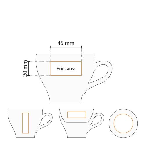 Arbeitszeichnung mit schematischer Darstellung der Druckfläche für den Logoaufdruck auf dem Becher.