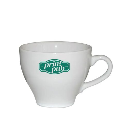Dom Cappuccino Tasse weiß 20 cl. mit PrintPub Logo in einer Farbe auf der Vorderseite.