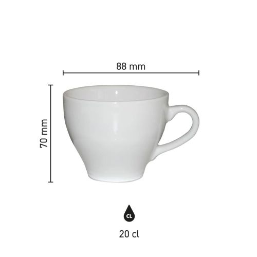 Die Infografik zeigt die technischen Abmessungen der Dom Cappuccinotasse weiß 20 cl. in Millimetern.