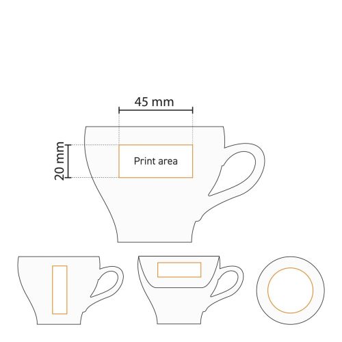 Detaillierte Arbeitszeichnung zeigt den Druckbereich von Dom Cappuccino weiß 20 cl. SET Porzellan.