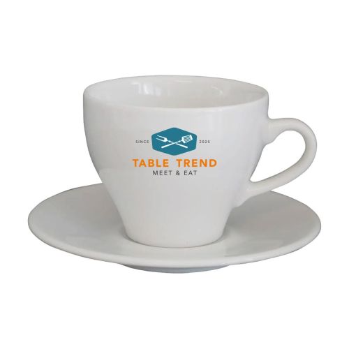 Porzellanset Dom Cappuccino weiß 20 cl. set mit mehrfarbigem TableTrend-Logo auf der Vorderseite.