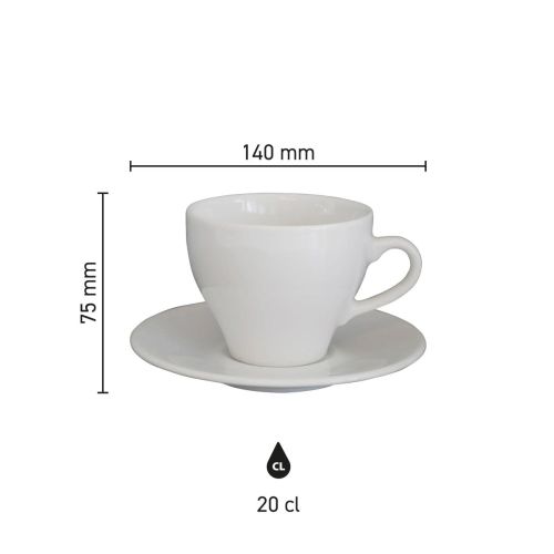 Die Infografik zeigt die technischen Abmessungen des Porzellans om Dom Cappuccino weiß 20 cl. set