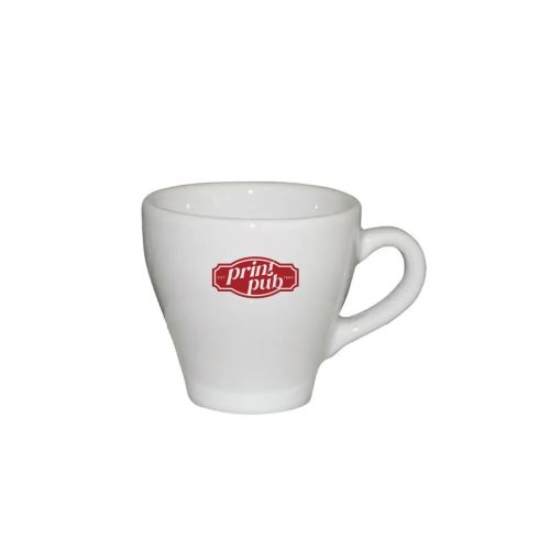 Dom Espresso Tasse weiß 8 cl. mit PrintPub-Logo in einer Farbe auf der Vorderseite der Tasse.