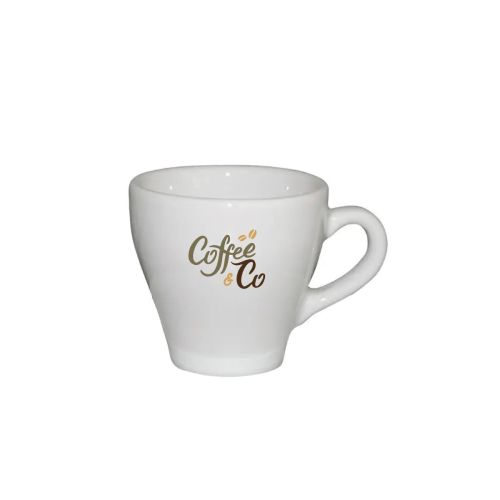 Porzellan Dom Espresso Tasse 8 cl. mit mehrfarbigem CoffeeCo Logo auf der Vorderseite.
