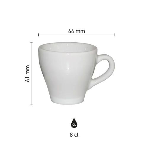 Die Infografik zeigt die technischen Abmessungen der Dom Espresso Tasse weiß 8 cl. in Millimetern.