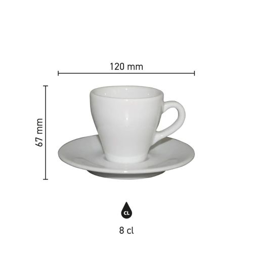 Die Infografik zeigt die technischen Abmessungen von Dom Espresso weiß 8 cl. SET Porzellan in Millimetern.