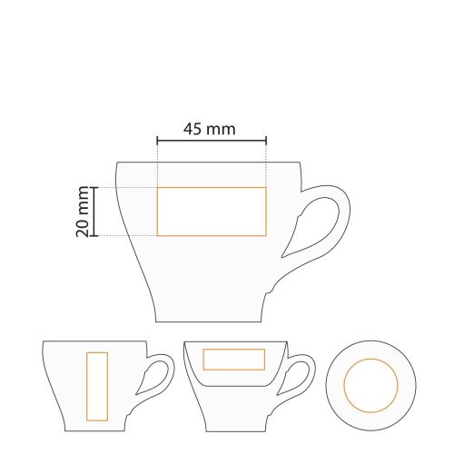 Die Arbeitszeichnung zeigt die bedruckbare Oberfläche der Dom Kaffeetasse 15 cl. aus Porzellan. Die Arbeitszeichnung zeigt die bedruckbare Oberfläche der Dom Kaffeetasse 15 cl. aus Porzellan.