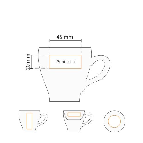 Detaillierte Arbeitszeichnung mit dem Druckbereich von Dom Coffee white 15 cl. SET Porzellan. Detaillierte Arbeitszeichnung mit dem Druckbereich von Dom Coffee white 15 cl. SET Porzellan.