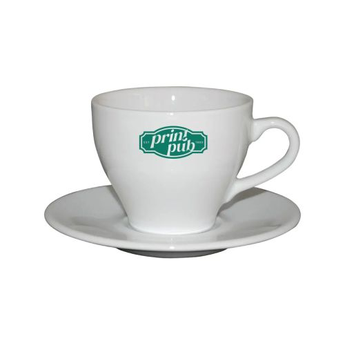 Vorderansicht von Dom Kaffee weiß 15 cl. SET mit einfarbigem PrintPub-Logo auf weißem Porzellan. Vorderansicht von Dom Kaffee weiß 15 cl. SET mit einfarbigem PrintPub-Logo auf weißem Porzellan.
