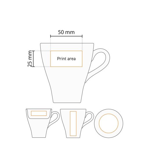 Technische Arbeitszeichnung zeigt deutlich die Druckfläche von Dom mug weiß 25 cl Porzellan. Technische Arbeitszeichnung zeigt deutlich die Druckfläche von Dom mug weiß 25 cl Porzellan.