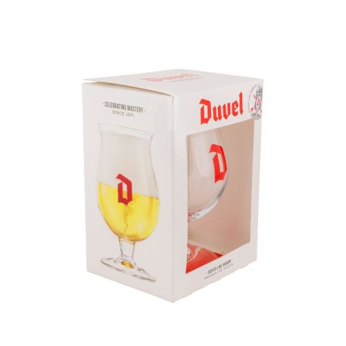 Duvel Bierglas von 33 cl. in Klarglas mit passender Verpackung, geeignet als Trinkglas für spezielles Bier und Geschenkverpackung.