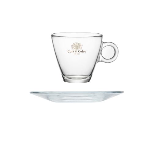 Front und Seite des Easy Bar Cappuccino 23 cl. SET mit farbigem CorkColor-Logo auf dem Glas. Front und Seite des Easy Bar Cappuccino 23 cl. SET mit farbigem CorkColor-Logo auf dem Glas.