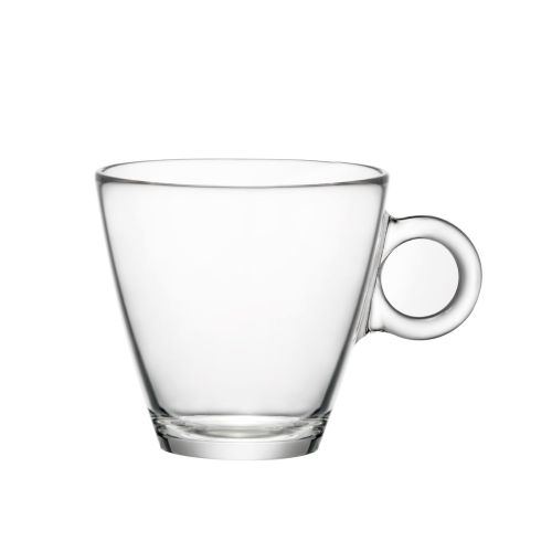 Vorderansicht der Easy Bar Cappuccinotasse 23 cl, transparentes Glas mit breitem oberen Rand und glatter Oberfläche. Vorderansicht der Easy Bar Cappuccinotasse 23 cl, transparentes Glas mit breitem oberen Rand und glatter Oberfläche.