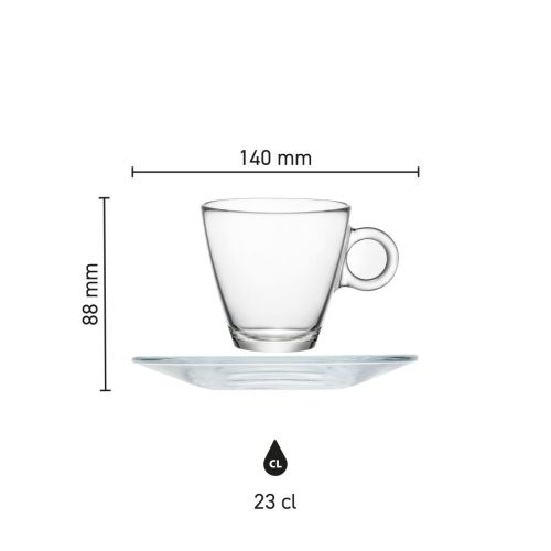 Infografik mit den Abmessungen des 23 cl. Cappuccino-Glas,.