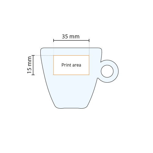 Technische Zeichnung des Glases mit Angabe des Druckbereichs für die Platzierung des Logos.
