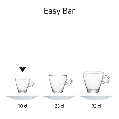 Reihe von Espresso-Sets aus klarem Glas, die nebeneinander präsentiert werden.