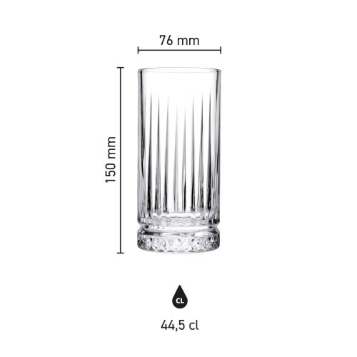 Die Abmessungen des Elysia Longdrink-Glases 44,5 cl sind in der Infografik deutlich dargestellt. Die Abmessungen des Elysia Longdrink-Glases 44,5 cl sind in der Infografik deutlich dargestellt.