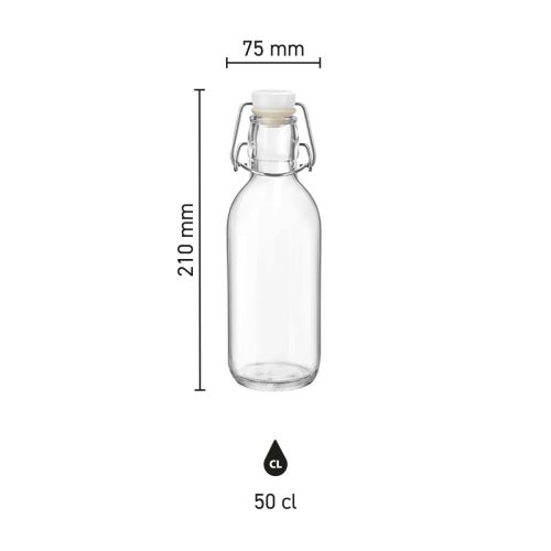 Infografik mit den Abmessungen der Emilia Bottle 0,5 Liter Glas, einschließlich Höhe und Durchmesser.