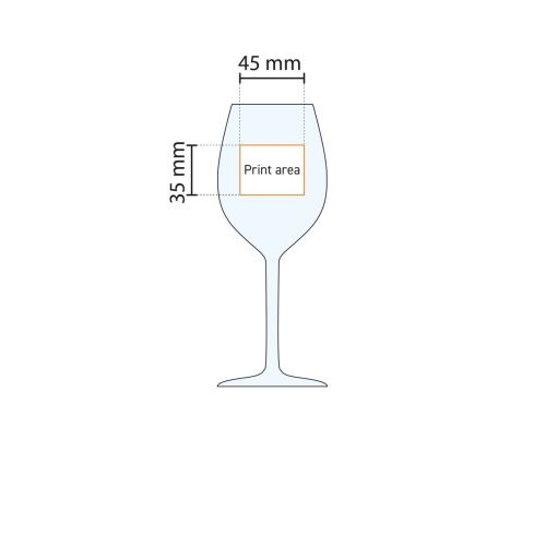 Technische Arbeitszeichnung der Druckfläche auf Esprit Weinglas 41 cl. im Glas. Technische Arbeitszeichnung der Druckfläche auf Esprit Weinglas 41 cl. im Glas.