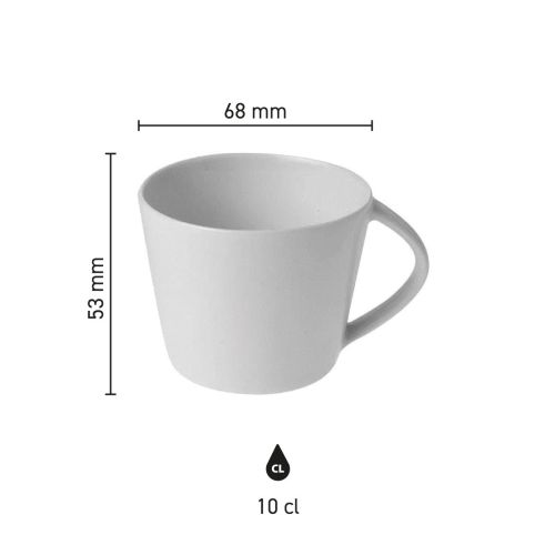Infografik mit den Abmessungen der Eva Espresso Tasse weiß 10 cl Porzellan, übersichtlich dargestellt.