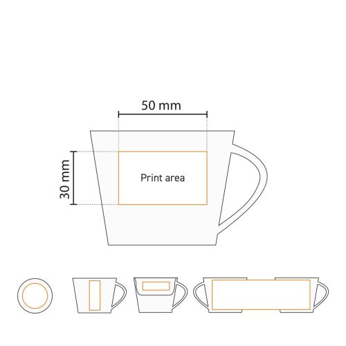 Technische Arbeitszeichnung mit Angabe der Druckfläche auf Eva Coffee 20 cl. SET Porzellan. Technische Arbeitszeichnung mit Angabe der Druckfläche auf Eva Coffee 20 cl. SET Porzellan.