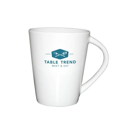 Vorderansicht des weißen Eva Tasse 25 cl. mit blauem TableTrend-Logo auf der Vorderseite.