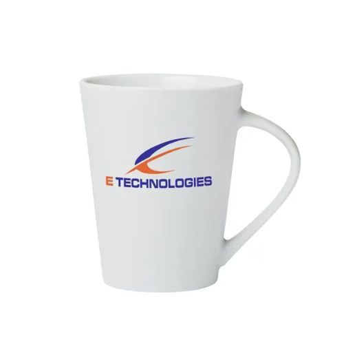 Eva Tasse 25 cl. Vorderseite mit mehrfarbigem Etechnologies Logo.