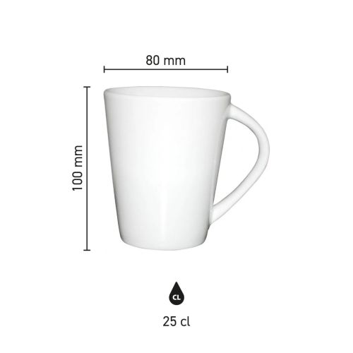 Infografik mit Abmessungen des weißen 25cl-Porzellanbechers Eva, mit Maßstab.