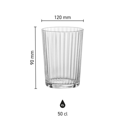 Die Infografik zeigt die Produktabmessungen des Exclusiva Tumbler Glas 50 cl.