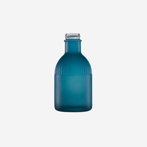 Flasche Florence 0,2 Liter aus blauem Klarglas in der Vorderansicht, mit schlanker Form, schmalem Hals und transparentem Aussehen.