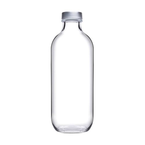 Glasflasche Iconic 0,54 Liter mit silbernem Verschluss, von vorne gesehen Glasflasche Iconic 0,54 Liter mit silbernem Verschluss, von vorne gesehen