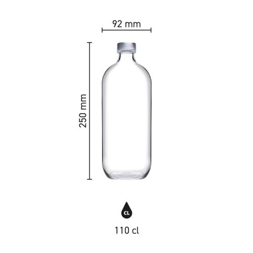 Die Infografik zeigt Höhe, Durchmesser und Fassungsvermögen der Iconic 1,1-Liter-Glasflasche mit Schraubverschluss. Die Infografik zeigt Höhe, Durchmesser und Fassungsvermögen der Iconic 1,1-Liter-Glasflasche mit Schraubverschluss.
