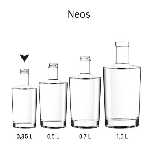 Serie von Neos-Flaschen, die in verschiedenen Größen als Teil der Neos-Serie präsentiert werden.