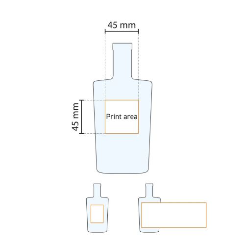 Die technische Arbeitszeichnung zeigt den Druckbereich der Bottle Neos 0,35 Liter Glas.