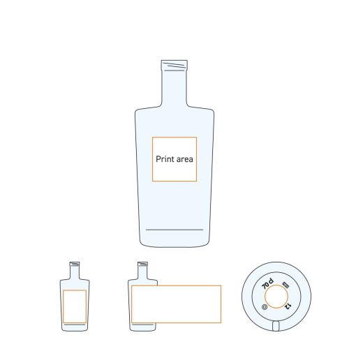 Angabe der Druckfläche auf der Neos Flasche 0,7 Liter Glas mit Korkverschluss in der Arbeitszeichnung.