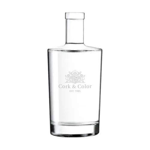 Vorderseite der Flasche Neos 0,7 Liter Kork und dezenter PrintPub-Logo-Gravur in der Glasoberfläche.