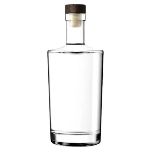 Flasche Neos 1.0 Liter mit dunklem Holzkorkenverschluss in gerader Vorderansicht, aus Klarglas.